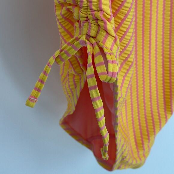 Adore Me Womens One Piece Swimsuit Size 2X Yellow Pink Stripe Beach Lined Ruched - Picture 10 of 12
